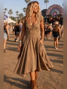 Inizio Italy 100% Tencel Boho Midi Dress Pockets Taupe Medium Festival